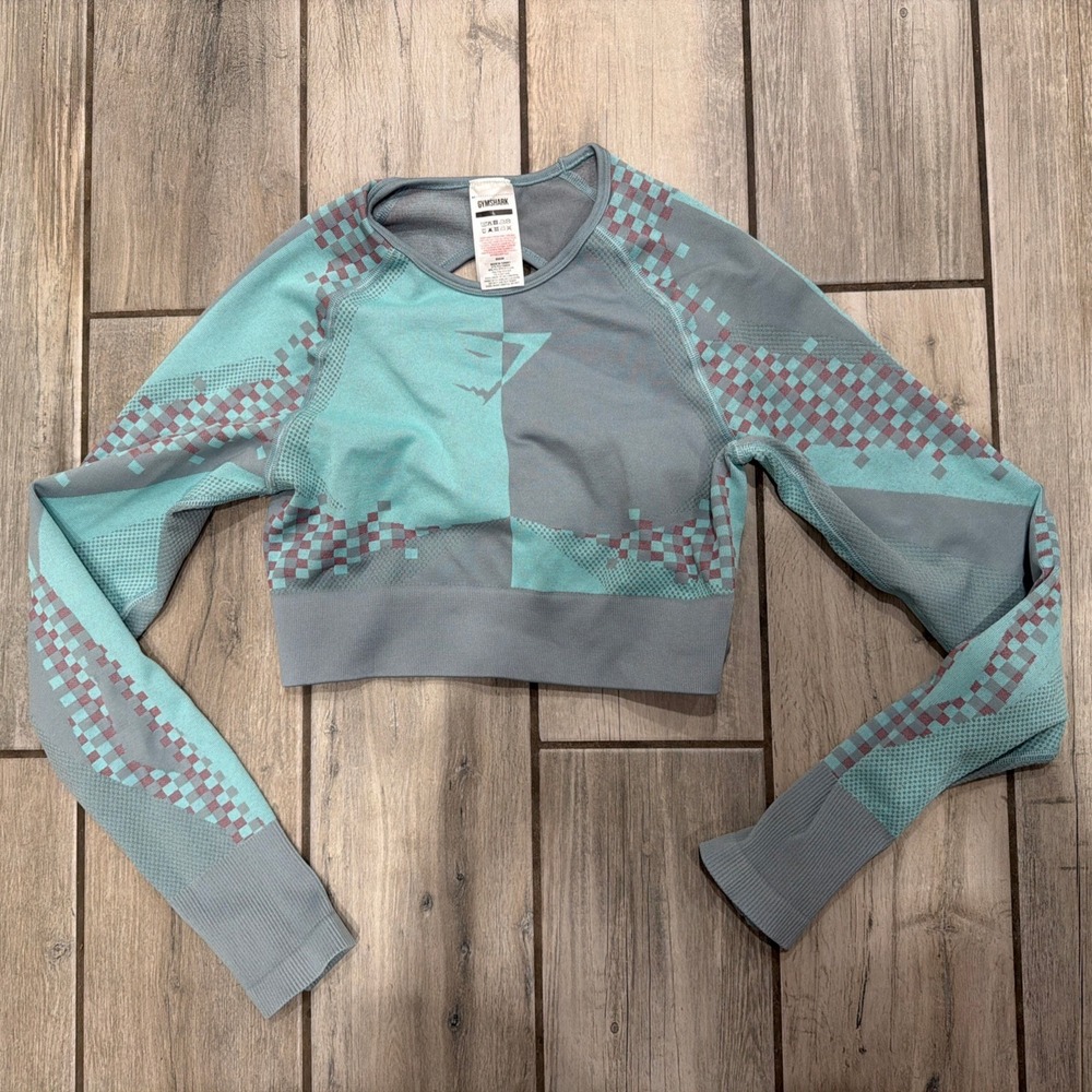 Gymshark Apex Seamless Long Sleeve Crop Top Size Large Women's Aqua Grey Pink
